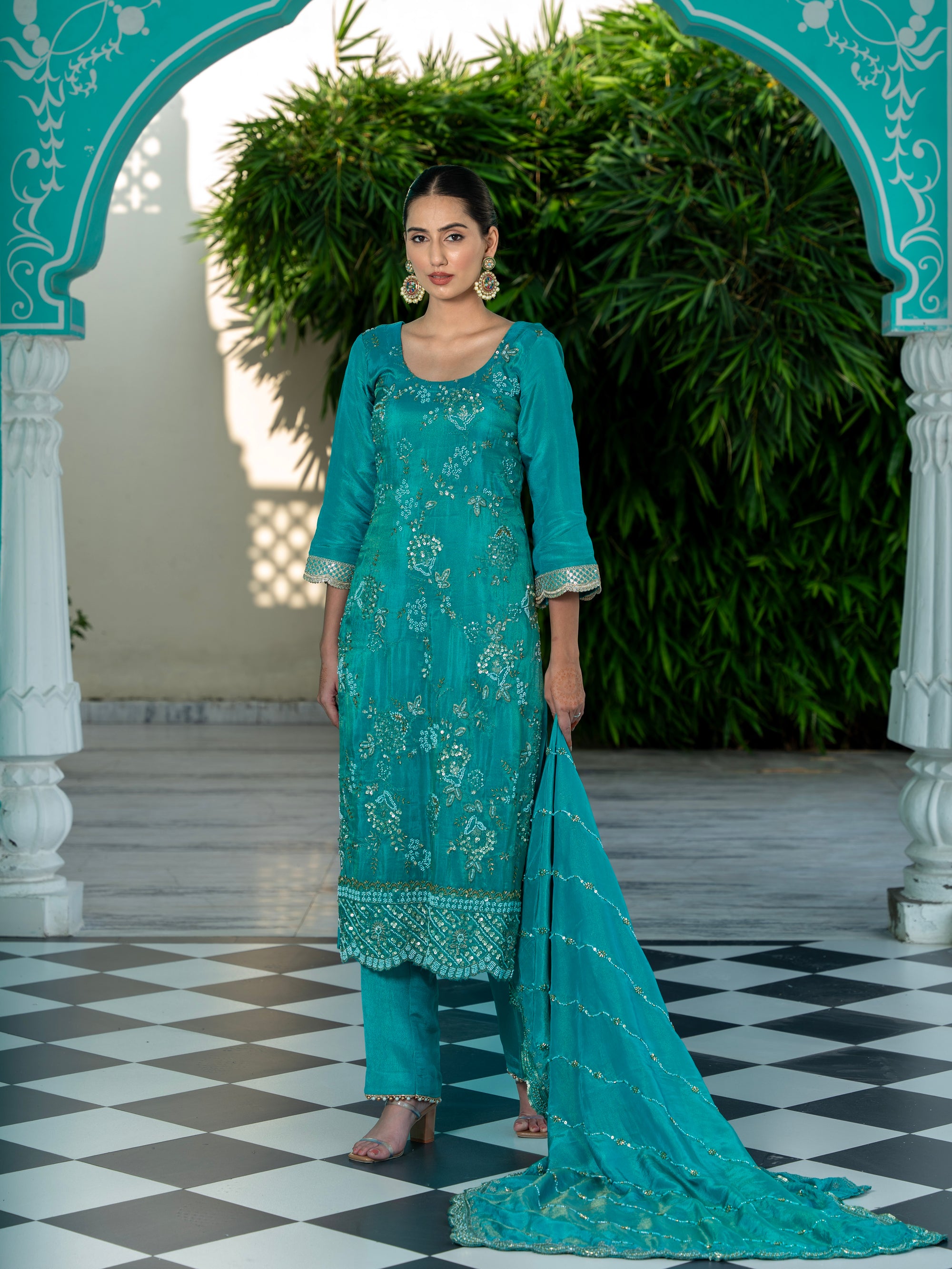 Turquoise-Blue Heavy Aari Work Kurta Set