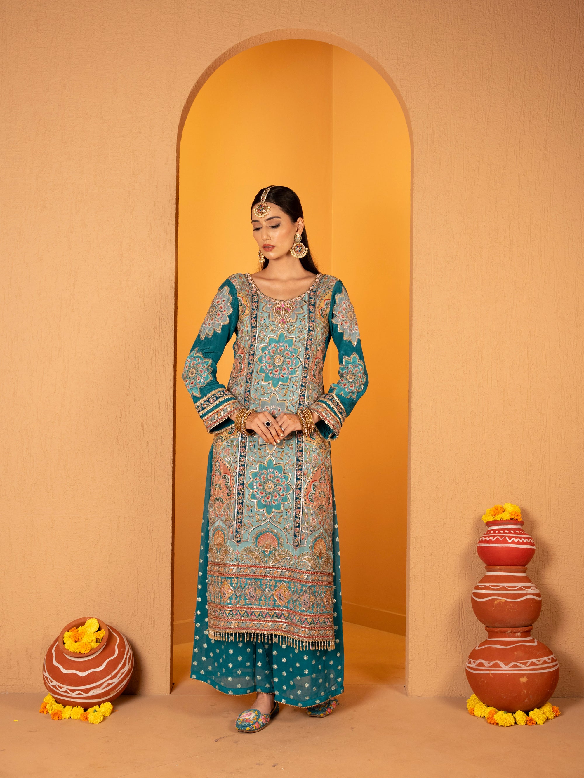 Teal-Blue Aari Work Plazo Set