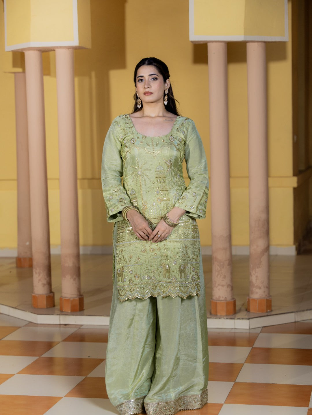 Sea-Green Heavy Aari Work Sharara Set