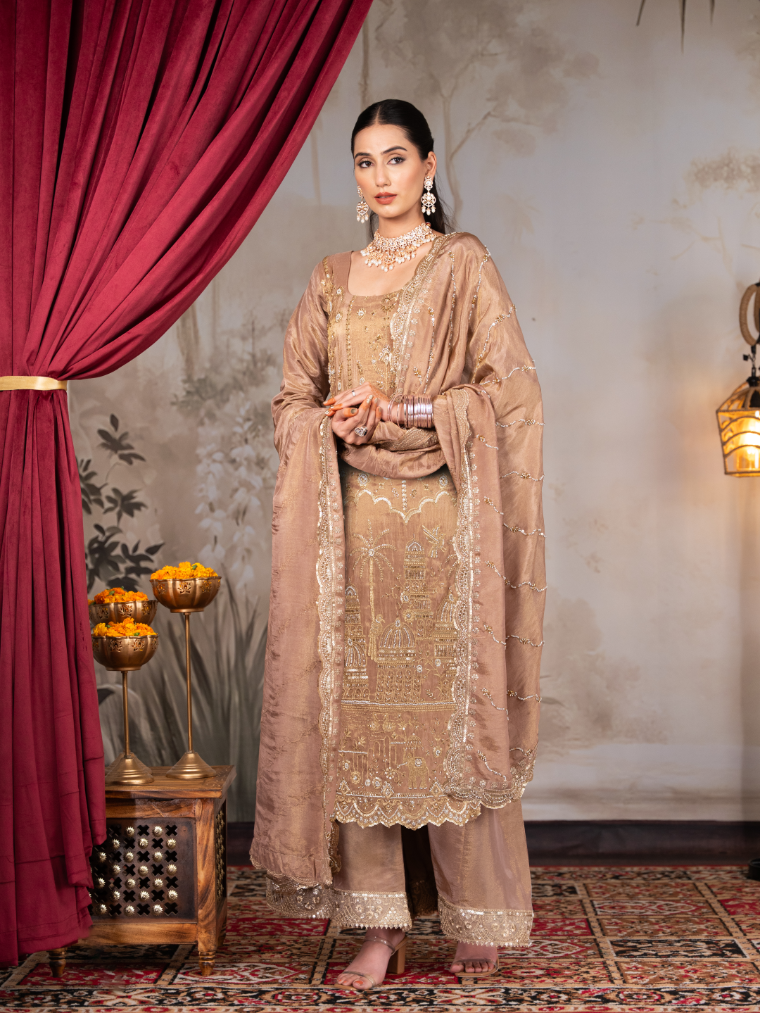 Earthy-Brown Heavy Aari Work Kurta Set