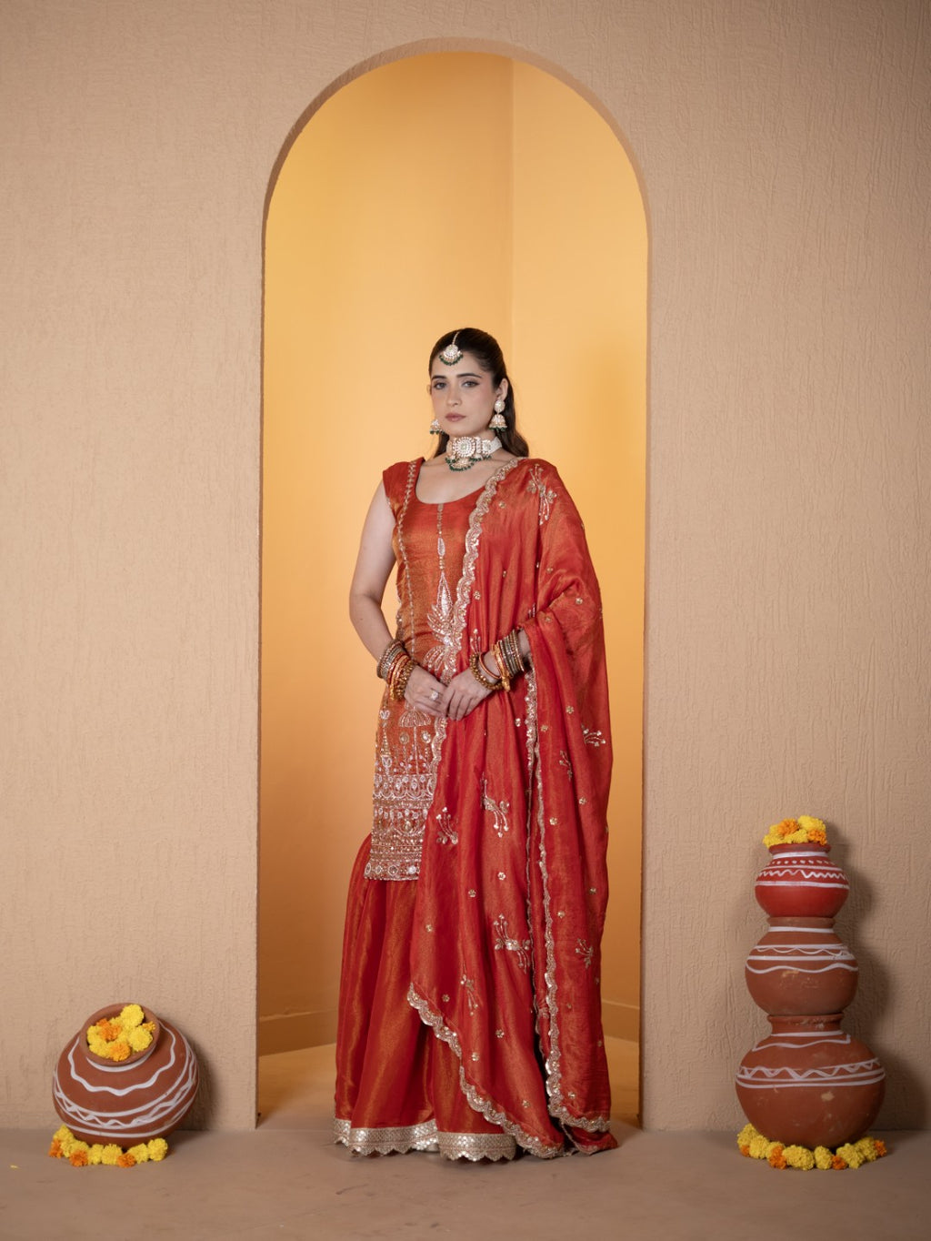 Tomato-Red Heavy Tila Work Gharara Set