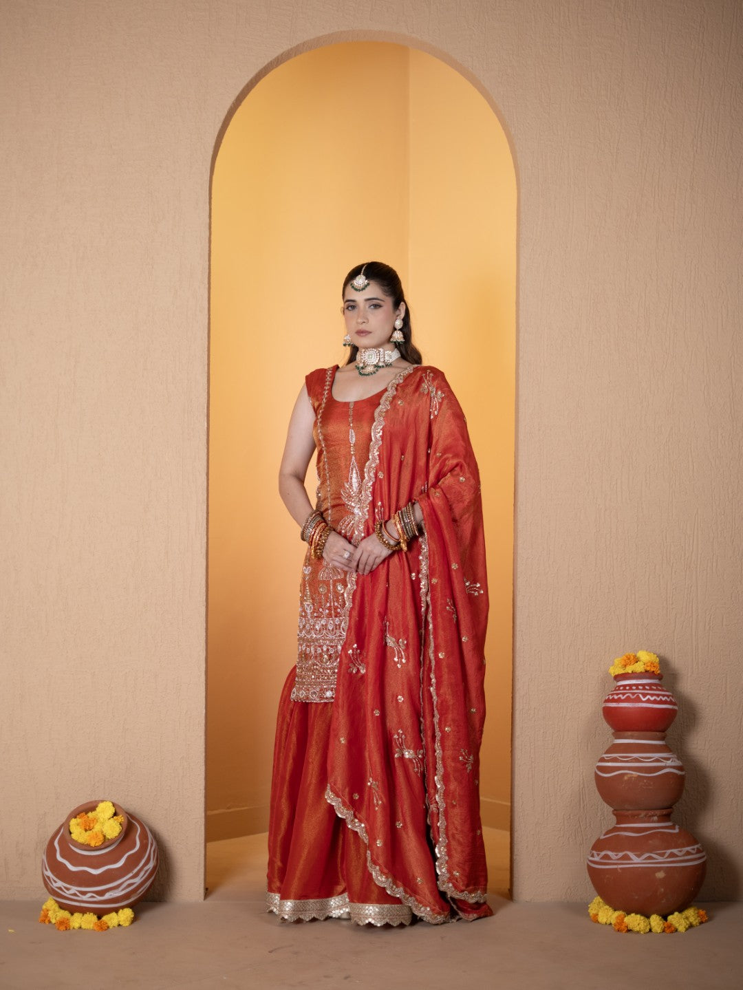 Tomato-Red Heavy Tila Work Gharara Set