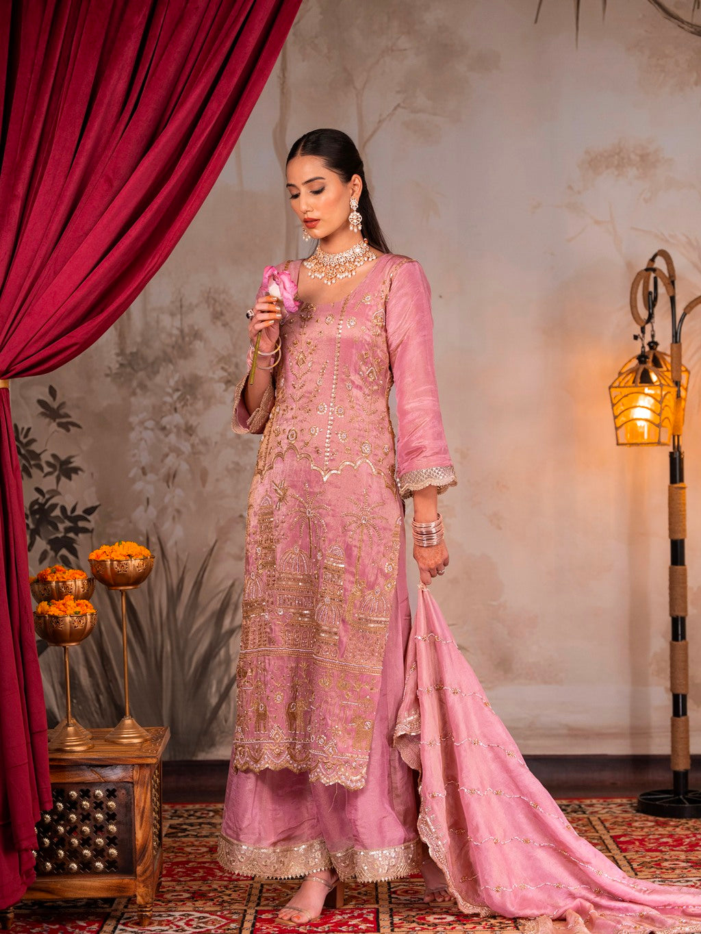 Onion-Pink Heavy Aari Work Kurta Set