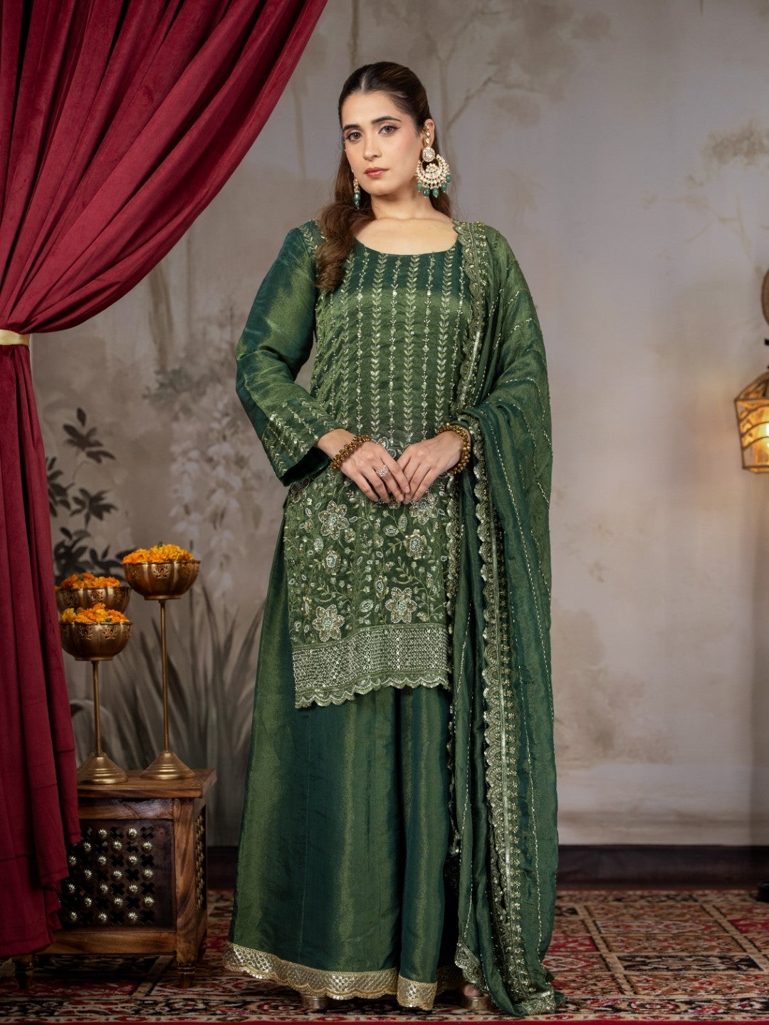 Bottle-Green Heavy Cutdana & Pearl Work Sharara Set