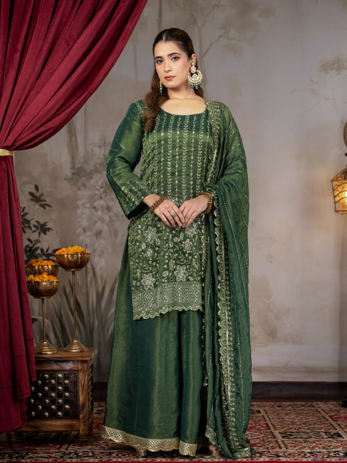 Bottle-Green Heavy Cutdana & Pearl Work Sharara Set