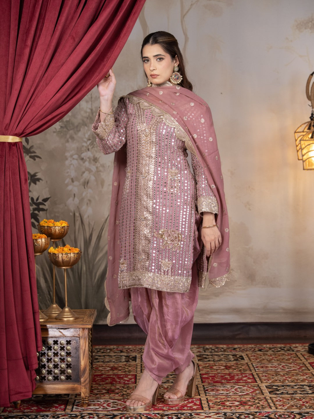 Onion Pink Heavy Mirror work Dhoti Set