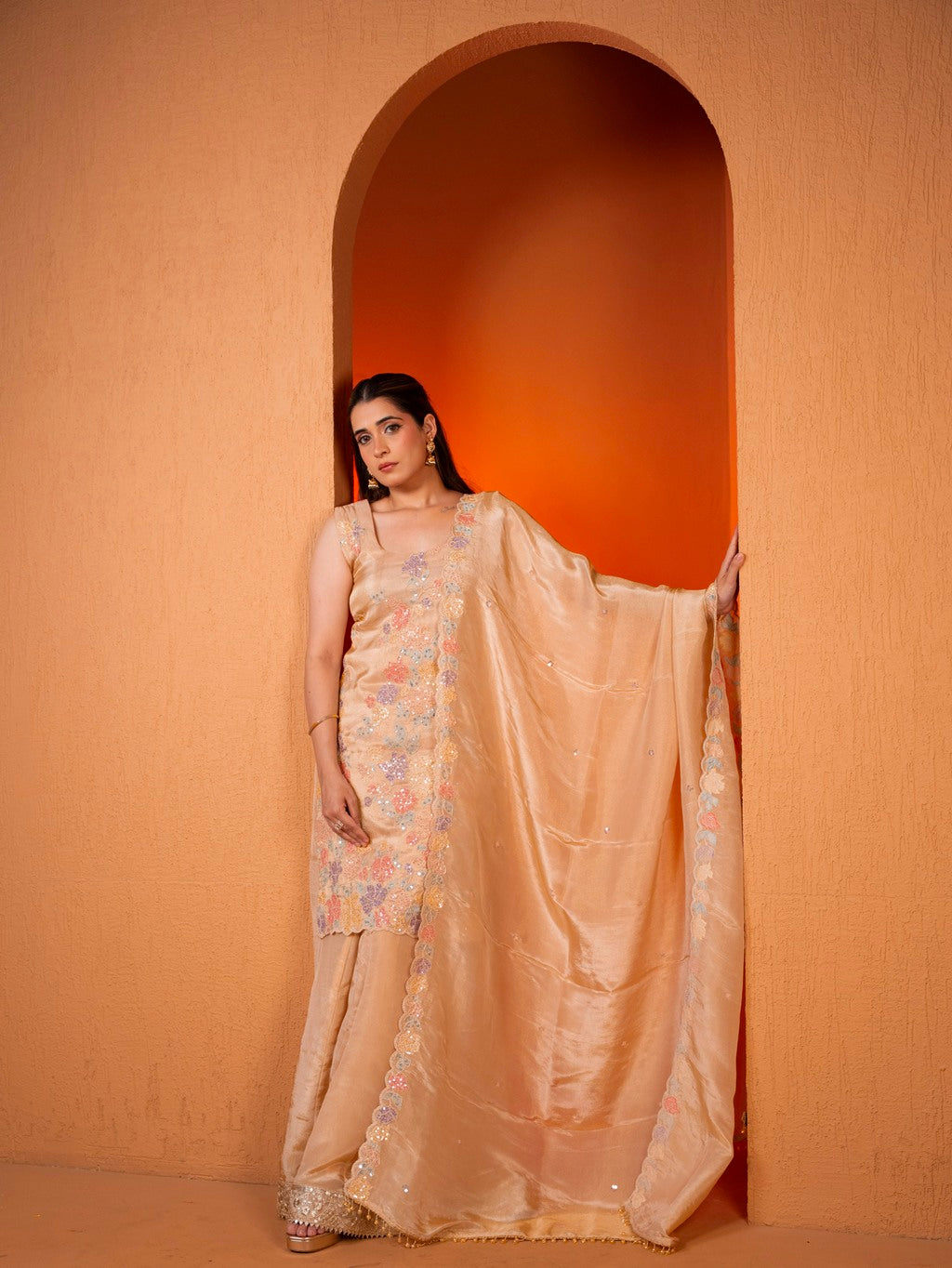 Fawn-Beige Sequin Work Sharara Set