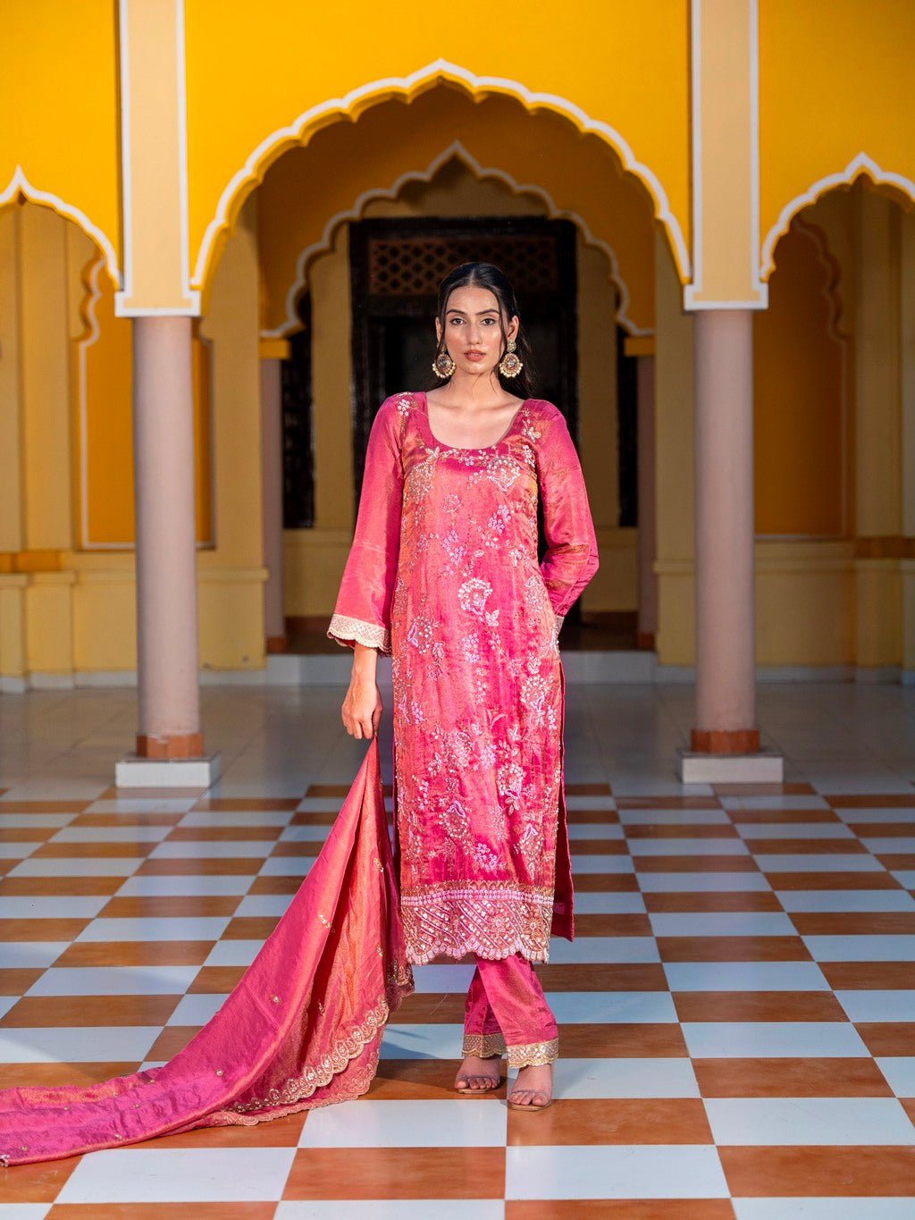 Hot-Pink Heavy Aari Work Kurta Set