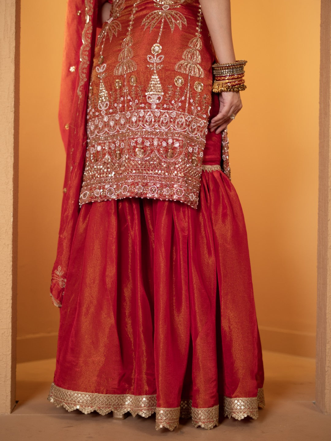 Tomato-Red Heavy Tila Work Gharara Set