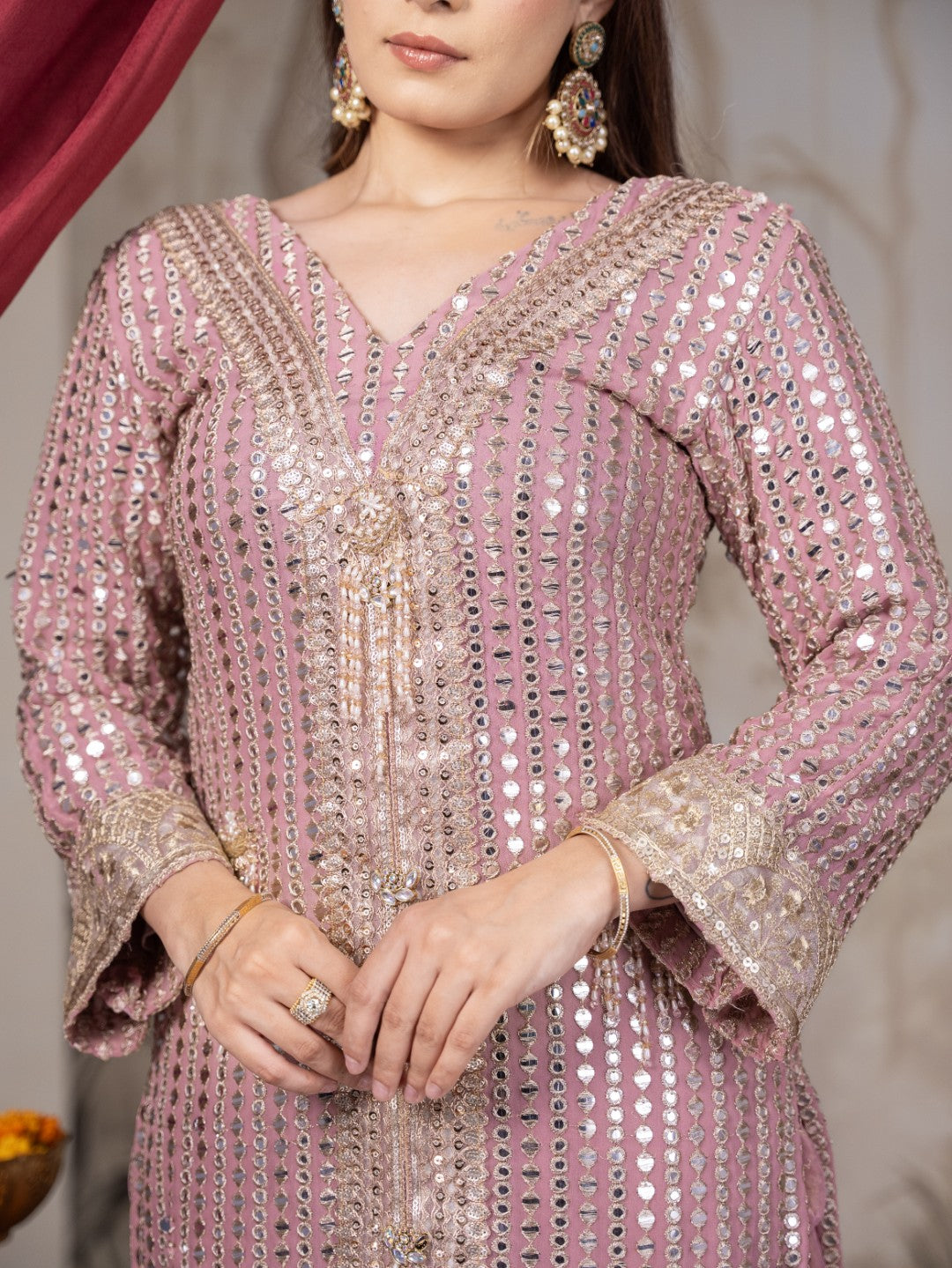 Onion Pink Heavy Mirror work Dhoti Set