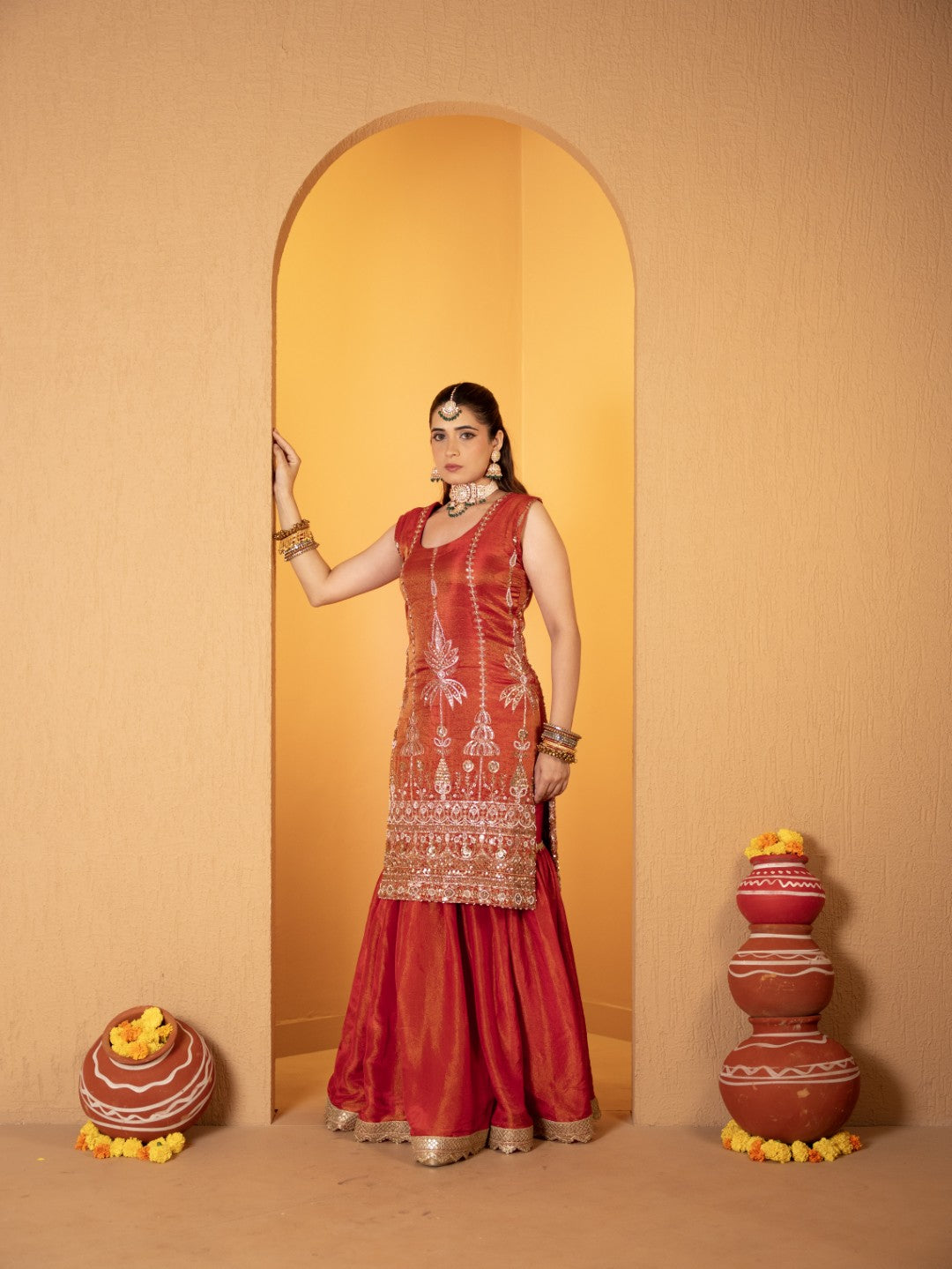 Tomato-Red Heavy Tila Work Gharara Set