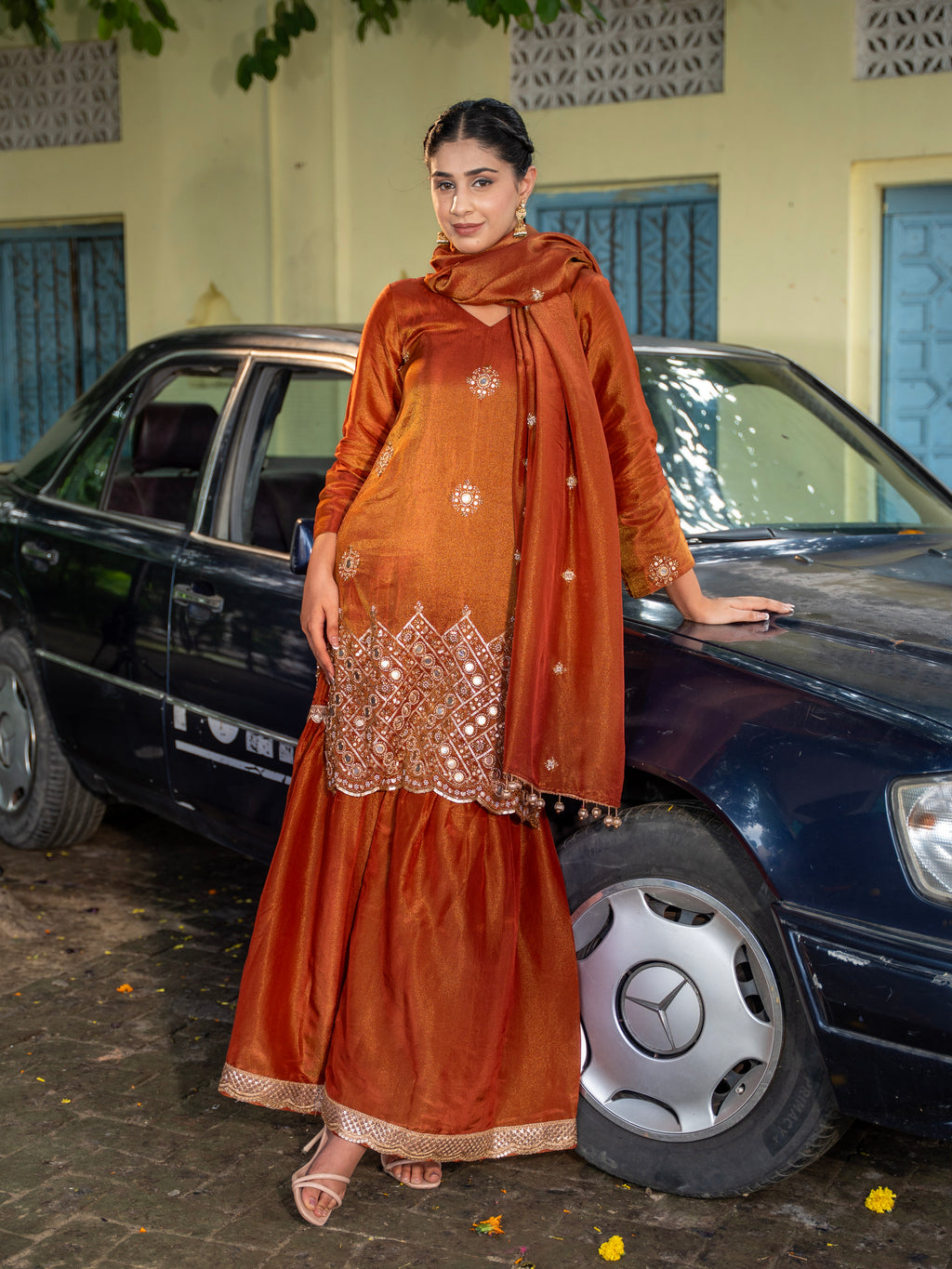 Rust-Brown Mirror & Aari Work Gharara Set