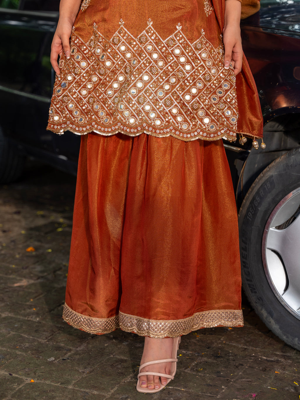 Rust-Brown Mirror & Aari Work Gharara Set