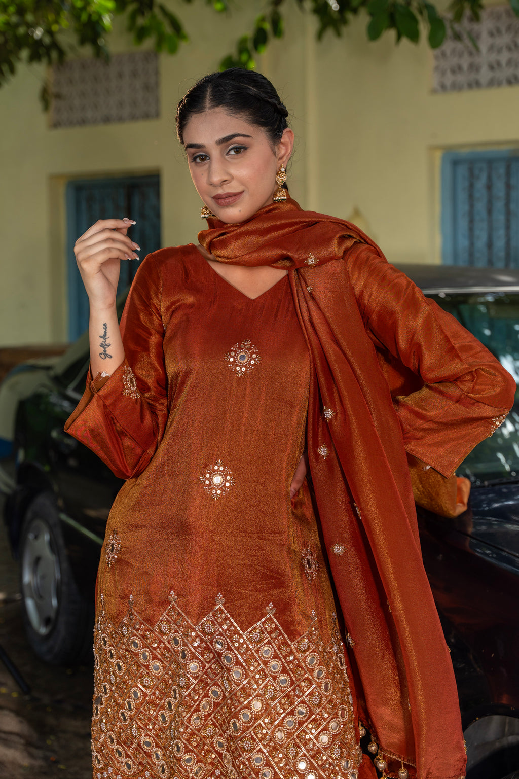 Rust-Brown Mirror & Aari Work Gharara Set