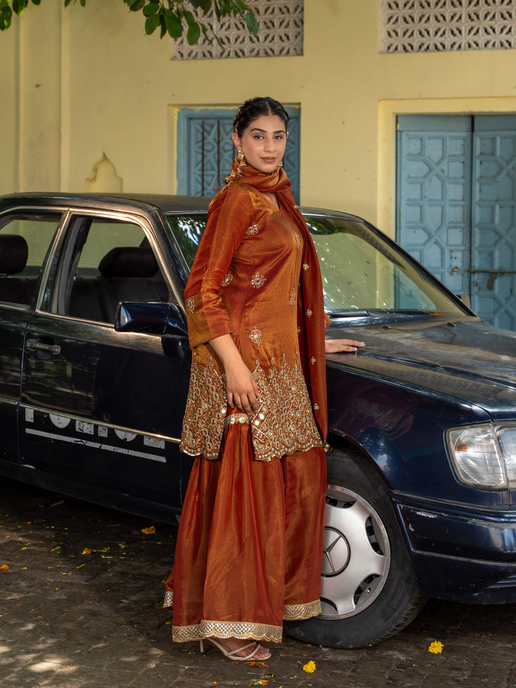 Rust-Brown Mirror & Aari Work Gharara Set