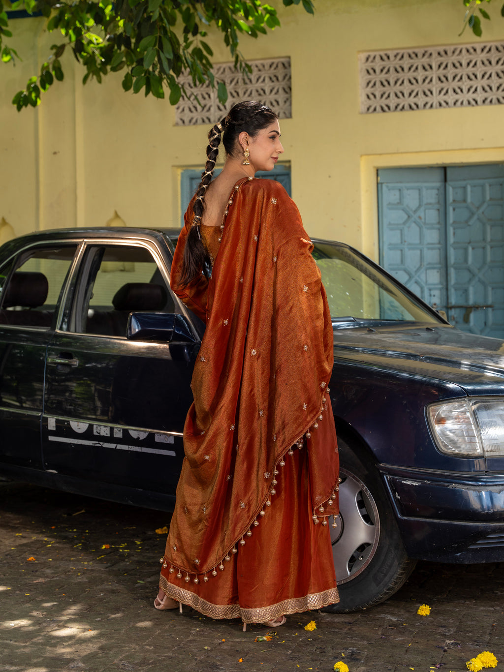 Rust-Brown Mirror & Aari Work Gharara Set