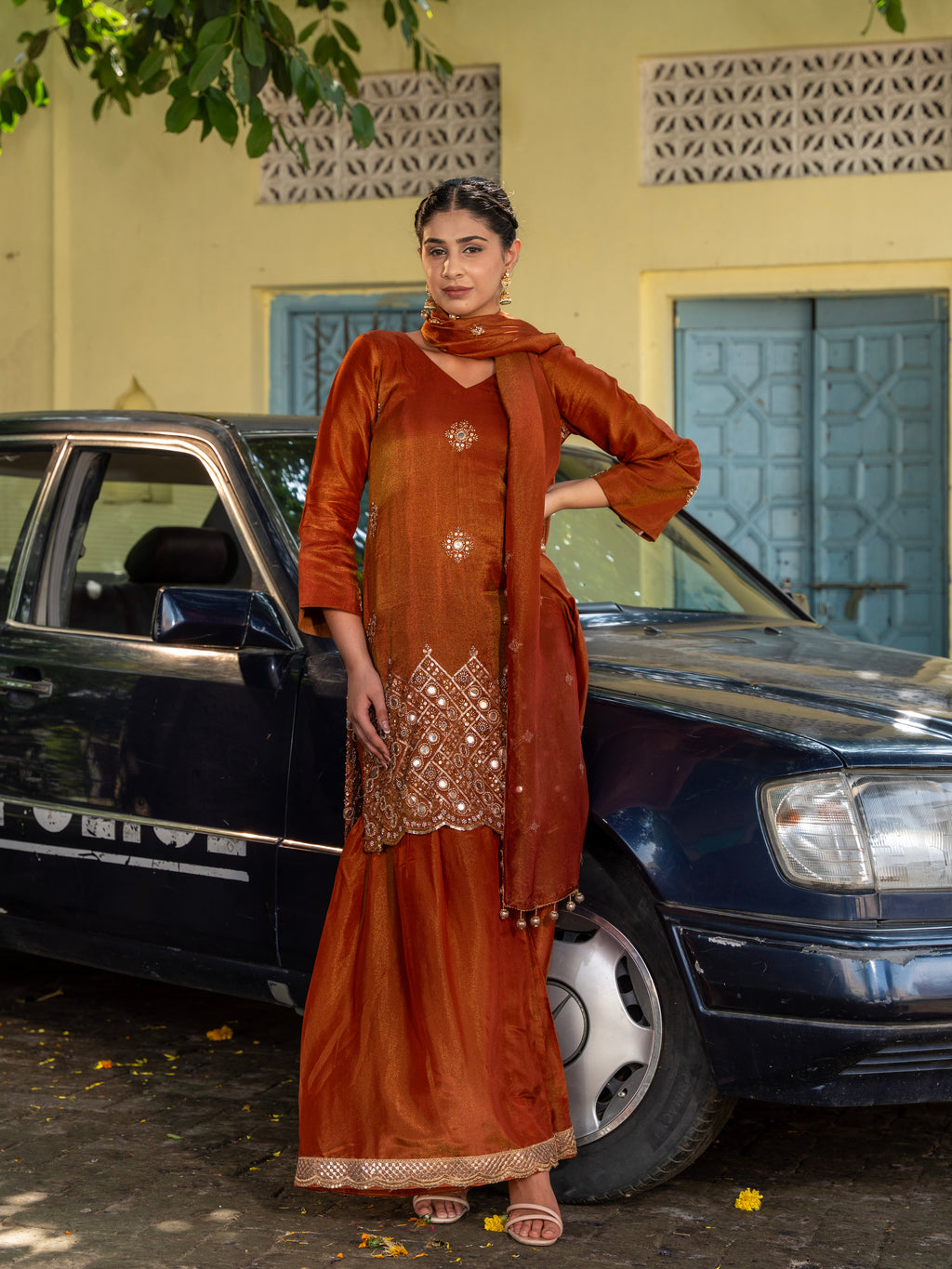 Rust-Brown Mirror & Aari Work Gharara Set