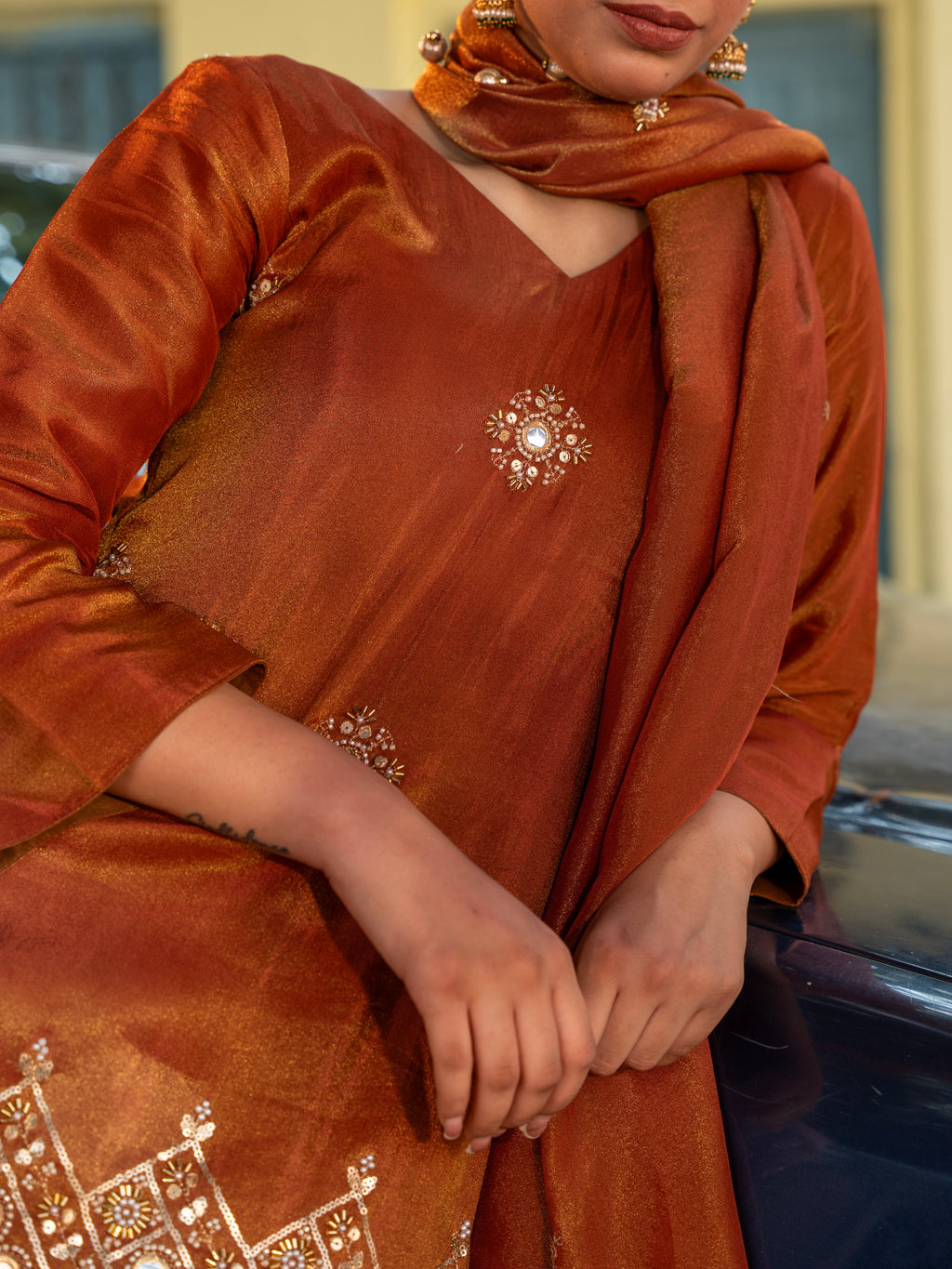 Rust-Brown Mirror & Aari Work Gharara Set