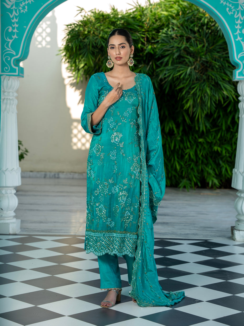 Turquoise-Blue Heavy Aari Work Kurta Set