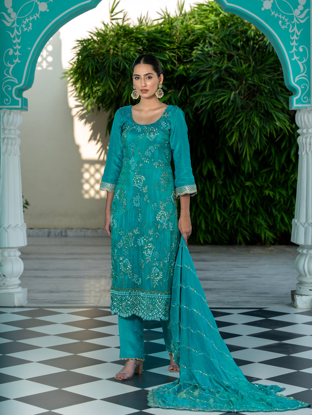 Turquoise-Blue Heavy Aari Work Kurta Set