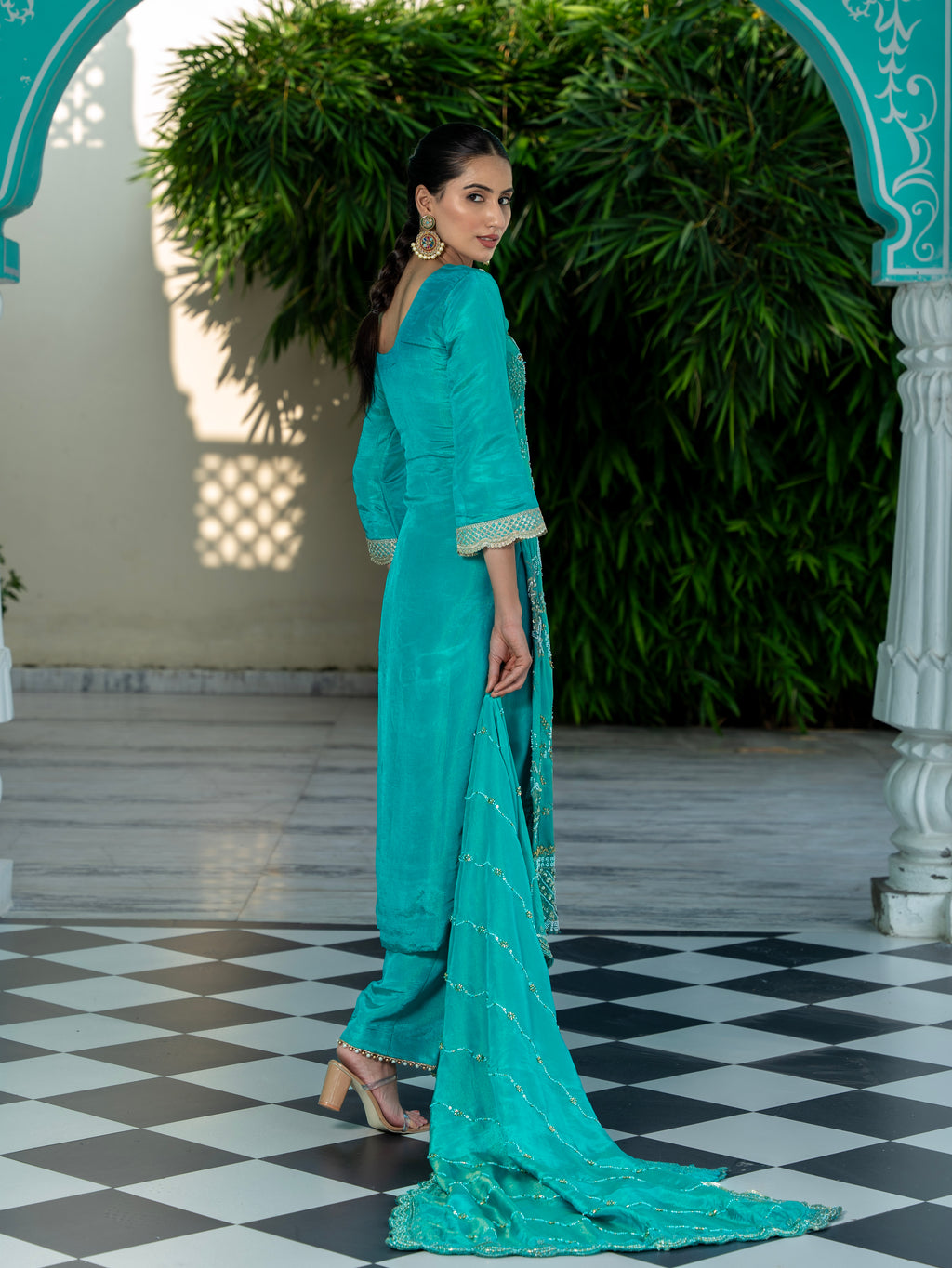 Turquoise-Blue Heavy Aari Work Kurta Set