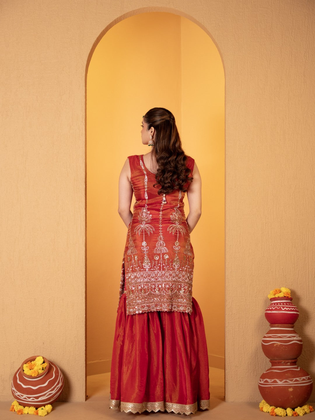 Tomato-Red Heavy Tila Work Gharara Set