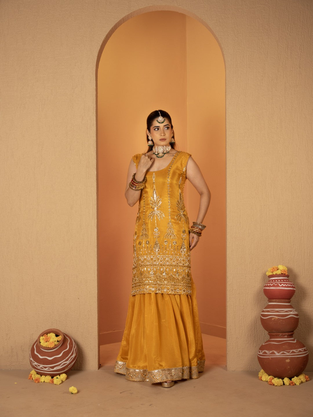 Yellow Heavy Tila Work Gharara Set