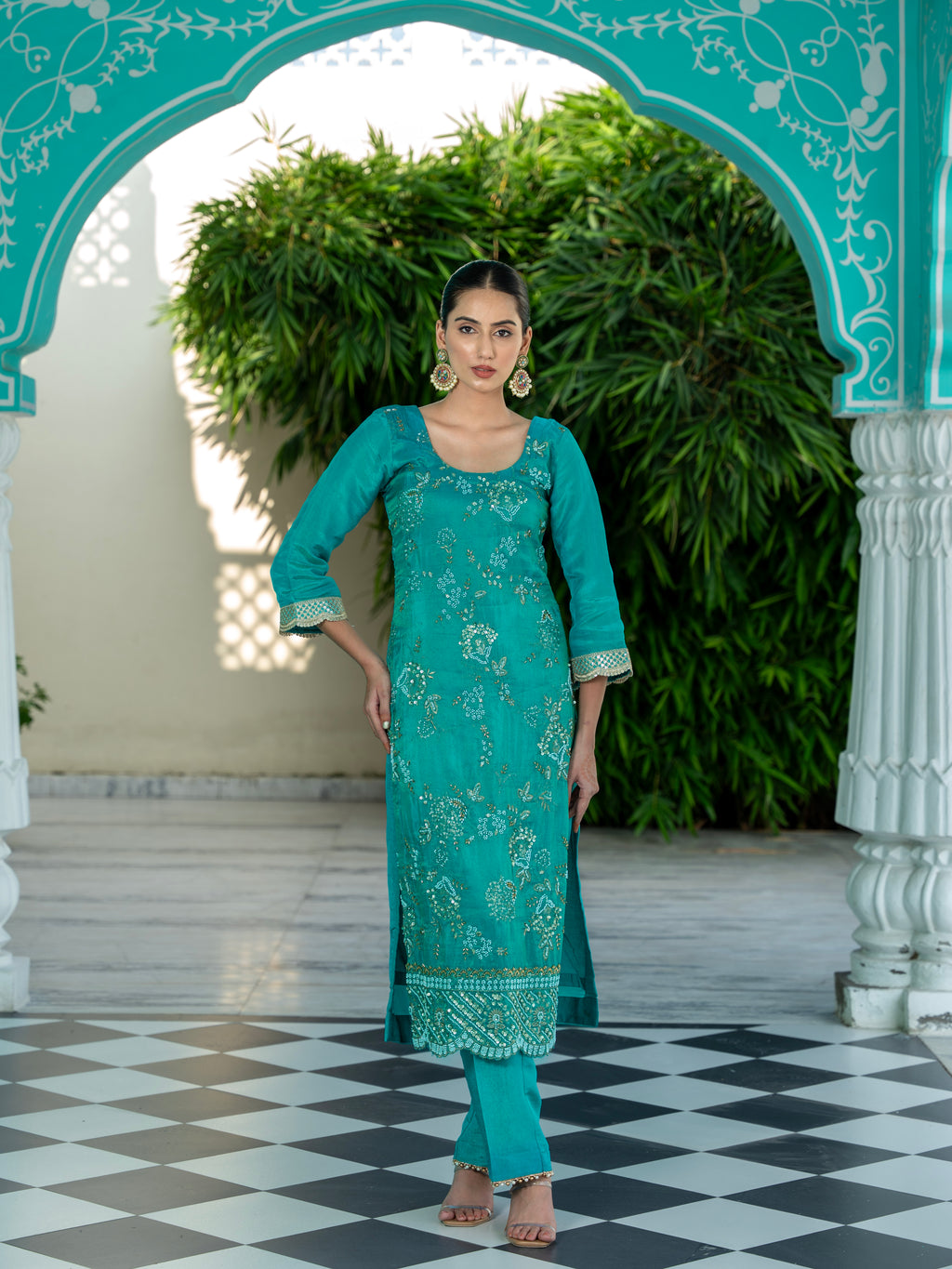 Turquoise-Blue Heavy Aari Work Kurta Set