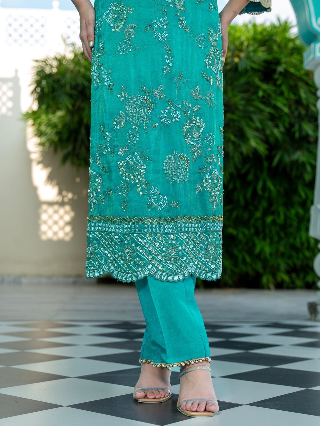 Turquoise-Blue Heavy Aari Work Kurta Set