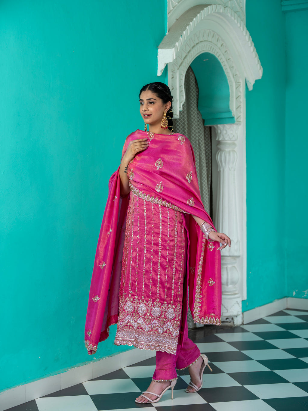 Magenta-Pink Heavy Pearl work Kurta Set