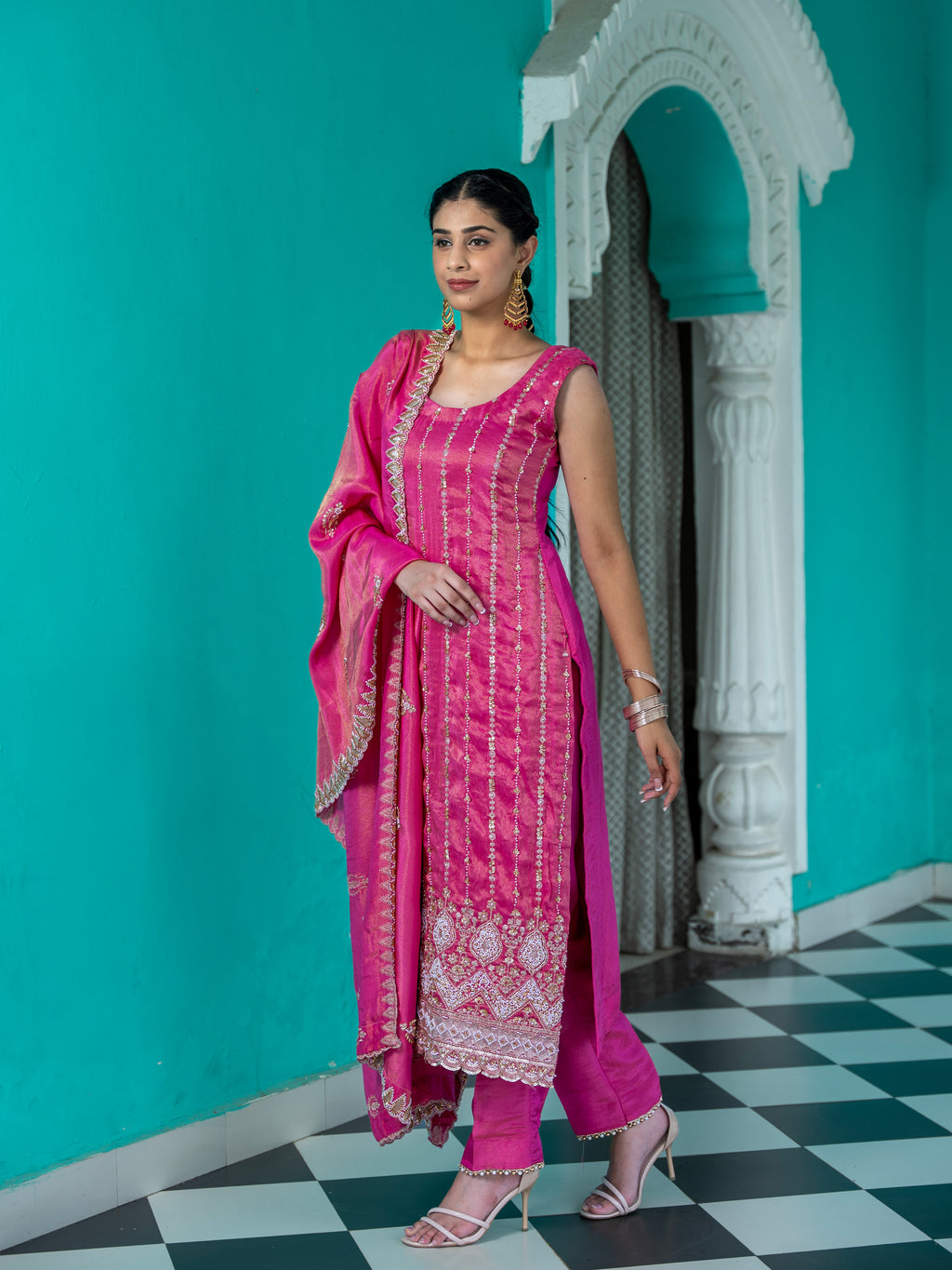 Magenta-Pink Heavy Pearl work Kurta Set