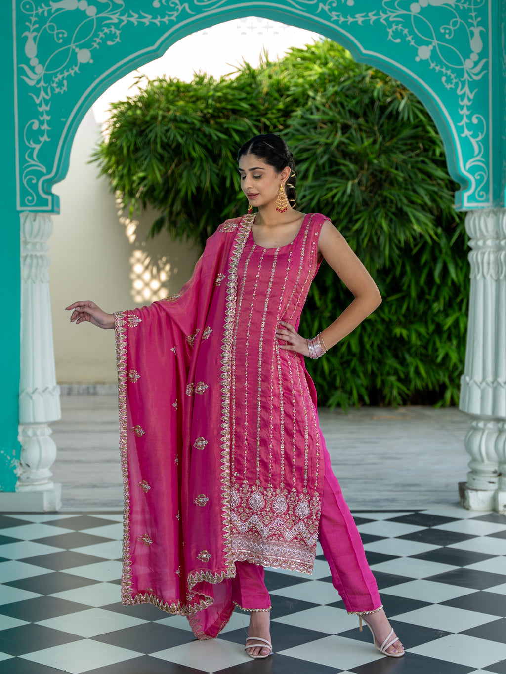 Magenta-Pink Heavy Pearl work Kurta Set