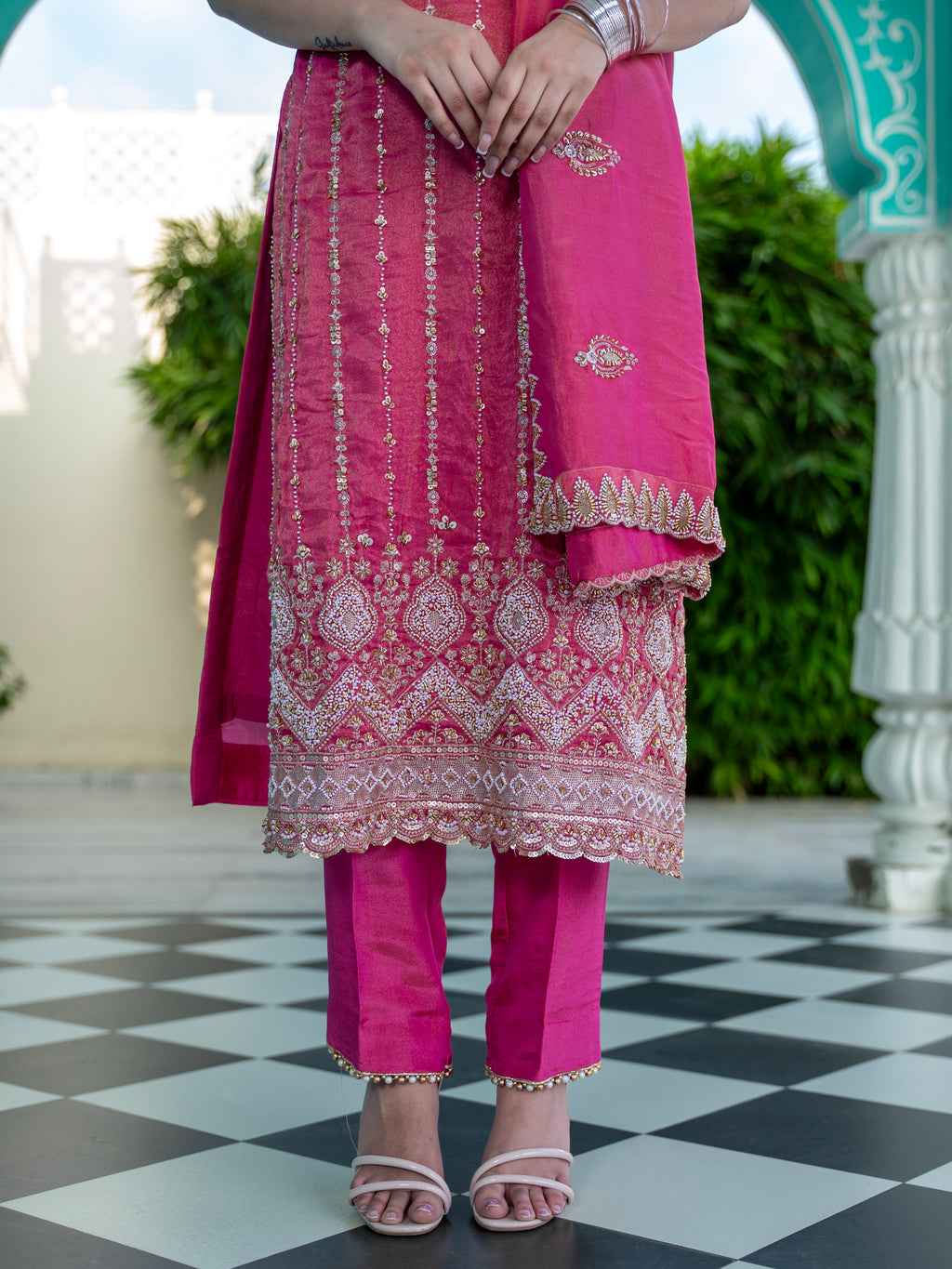 Magenta-Pink Heavy Pearl work Kurta Set