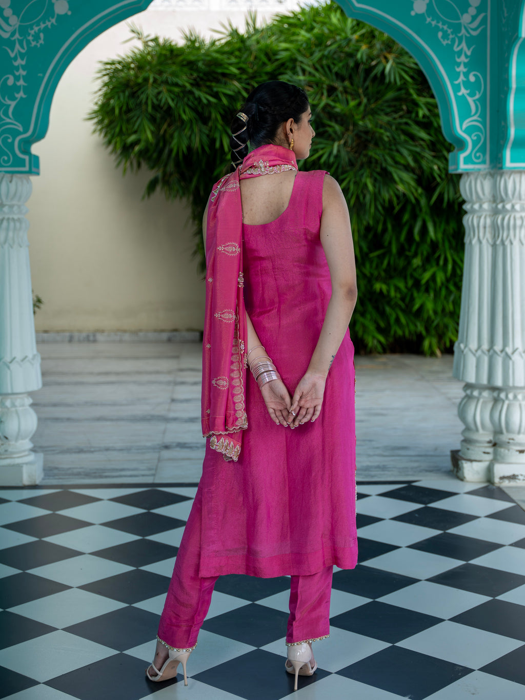 Magenta-Pink Heavy Pearl work Kurta Set