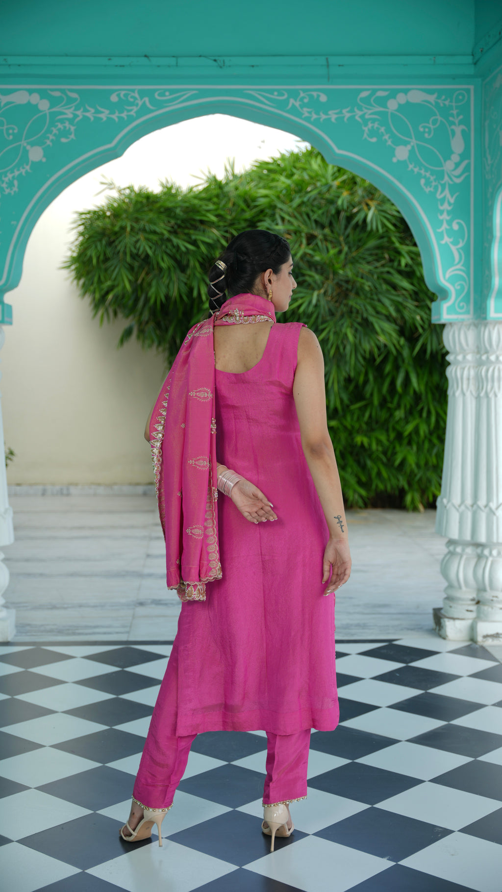 Magenta-Pink Heavy Pearl work Kurta Set