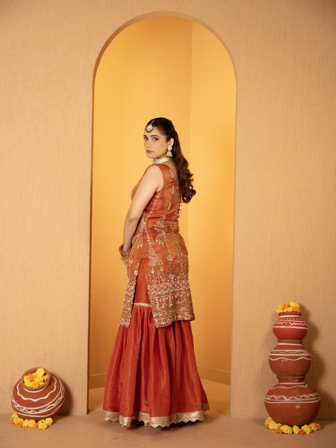 Tomato-Red Heavy Tila Work Gharara Set