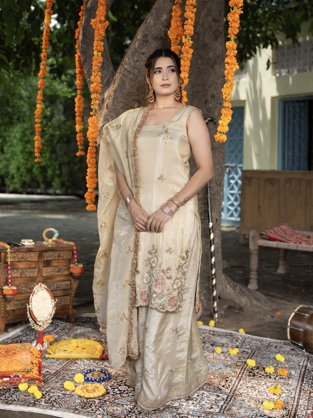 Ivory Heavy Cutdana & Sequin Work Sharara Set