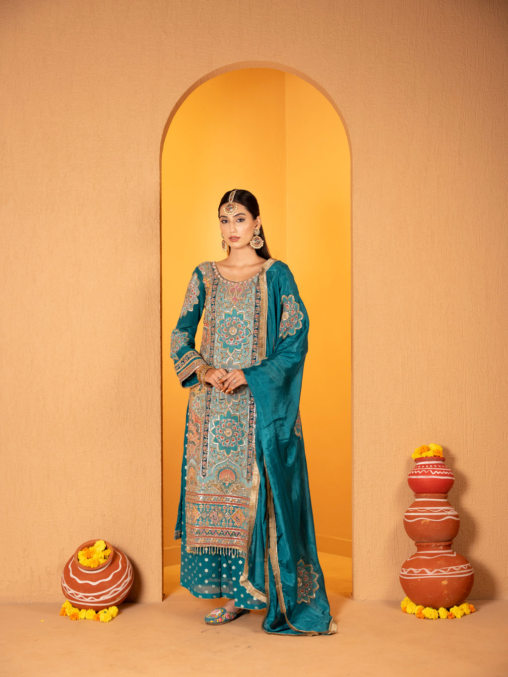 Teal-Blue Aari Work Plazo Set