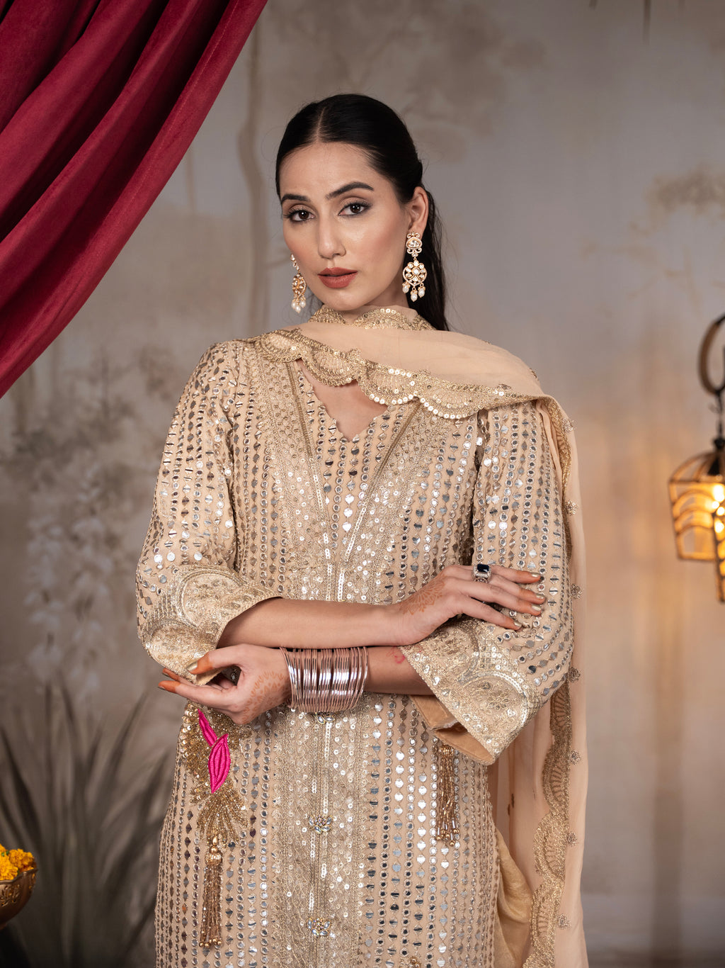 Beige Heavy Mirror work Dhoti Set
