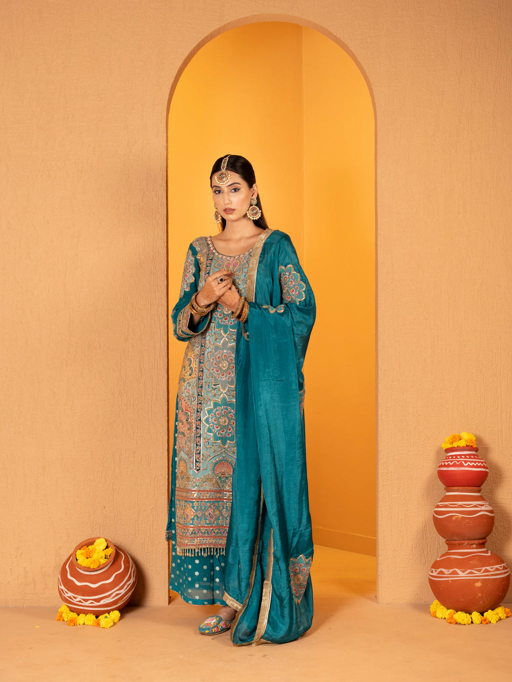 Teal-Blue Aari Work Plazo Set