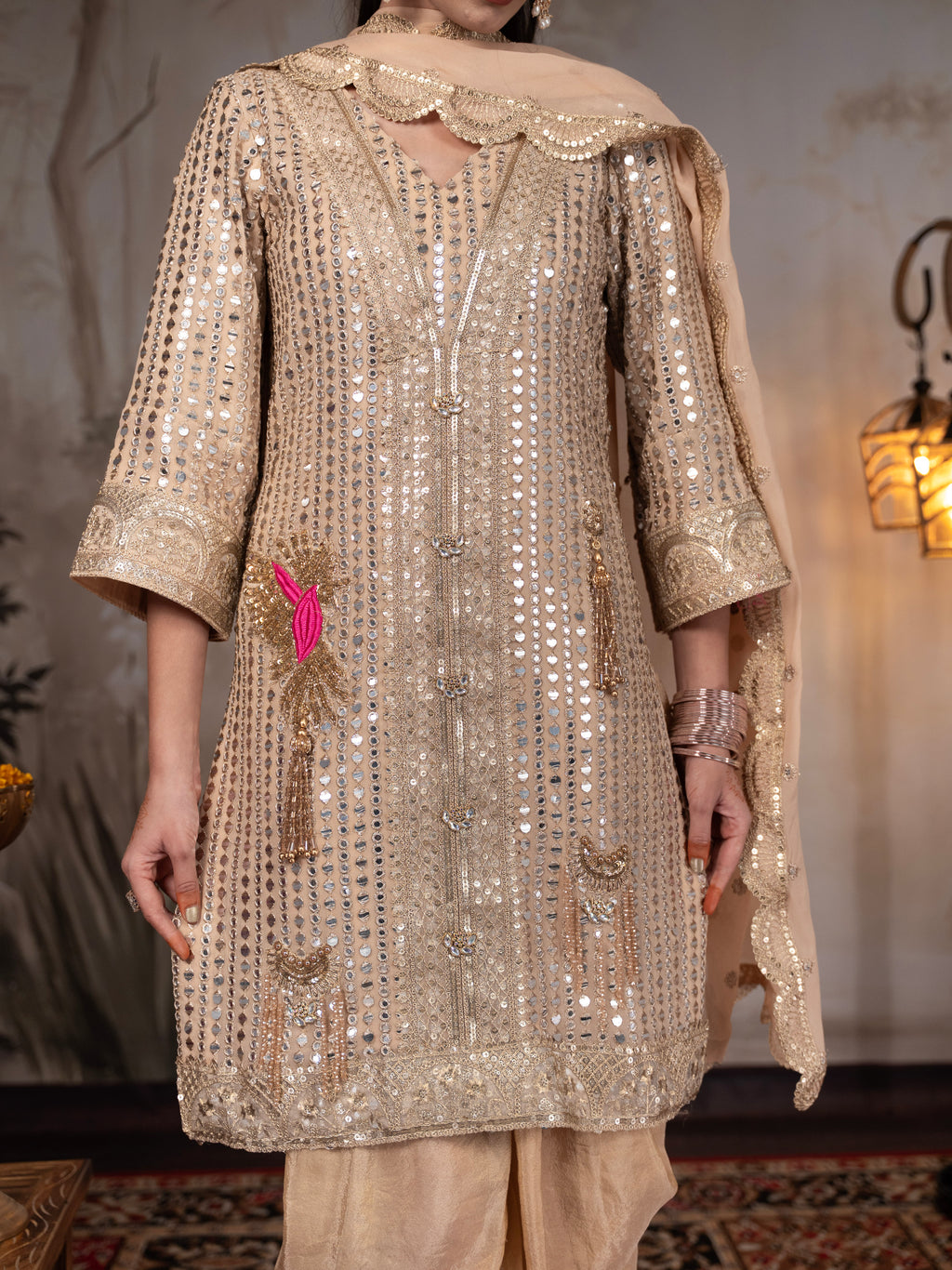 Beige Heavy Mirror work Dhoti Set