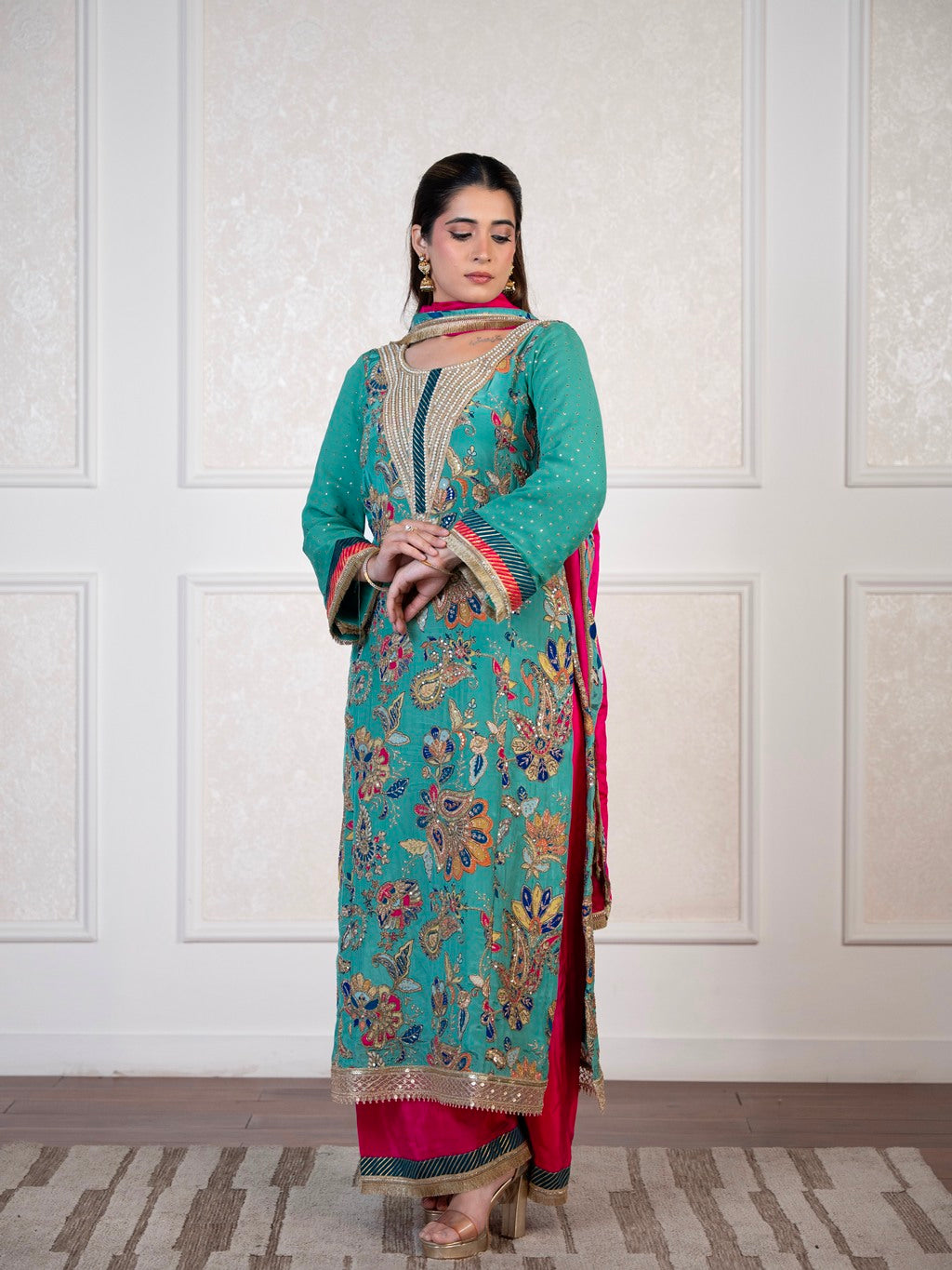 Greyish-Green Dori & Aari Work Kurta Set