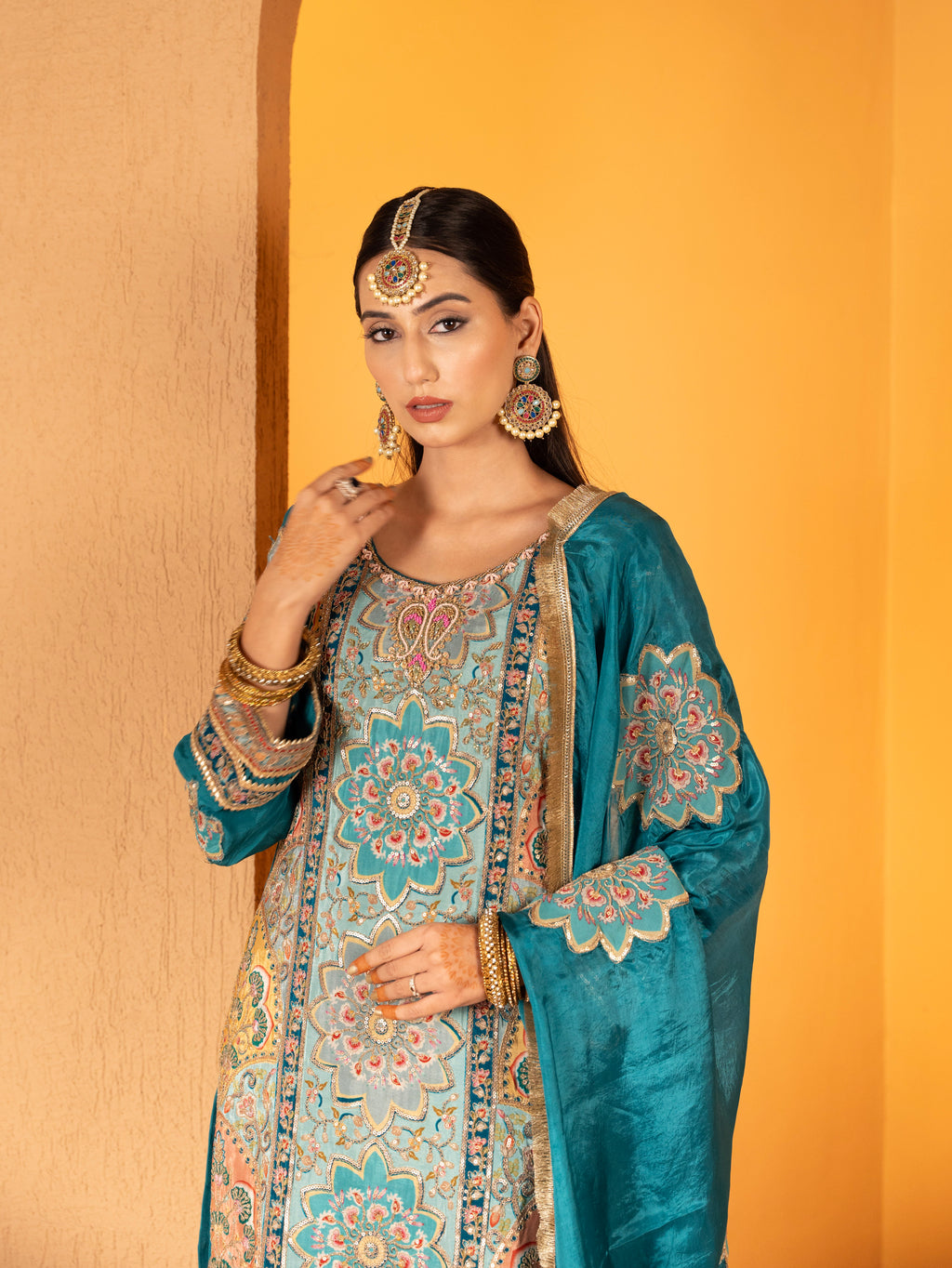 Teal-Blue Aari Work Plazo Set