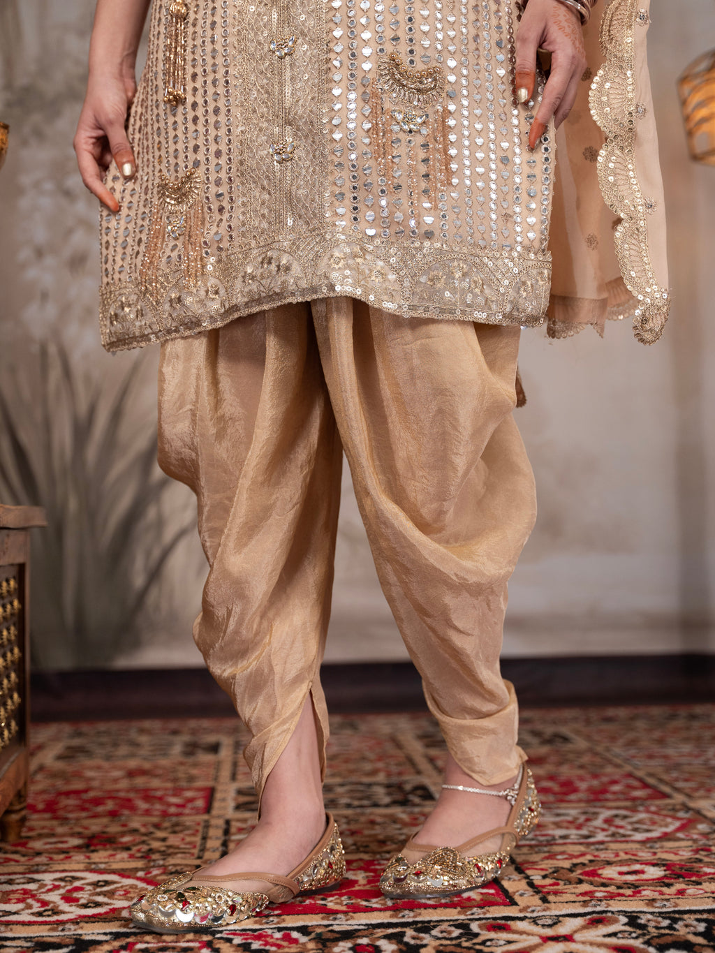Beige Heavy Mirror work Dhoti Set
