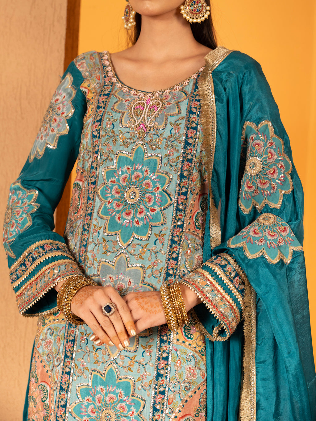 Teal-Blue Aari Work Plazo Set