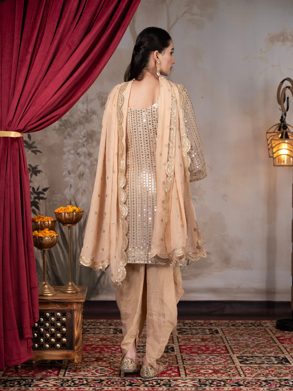 Beige Heavy Mirror work Dhoti Set