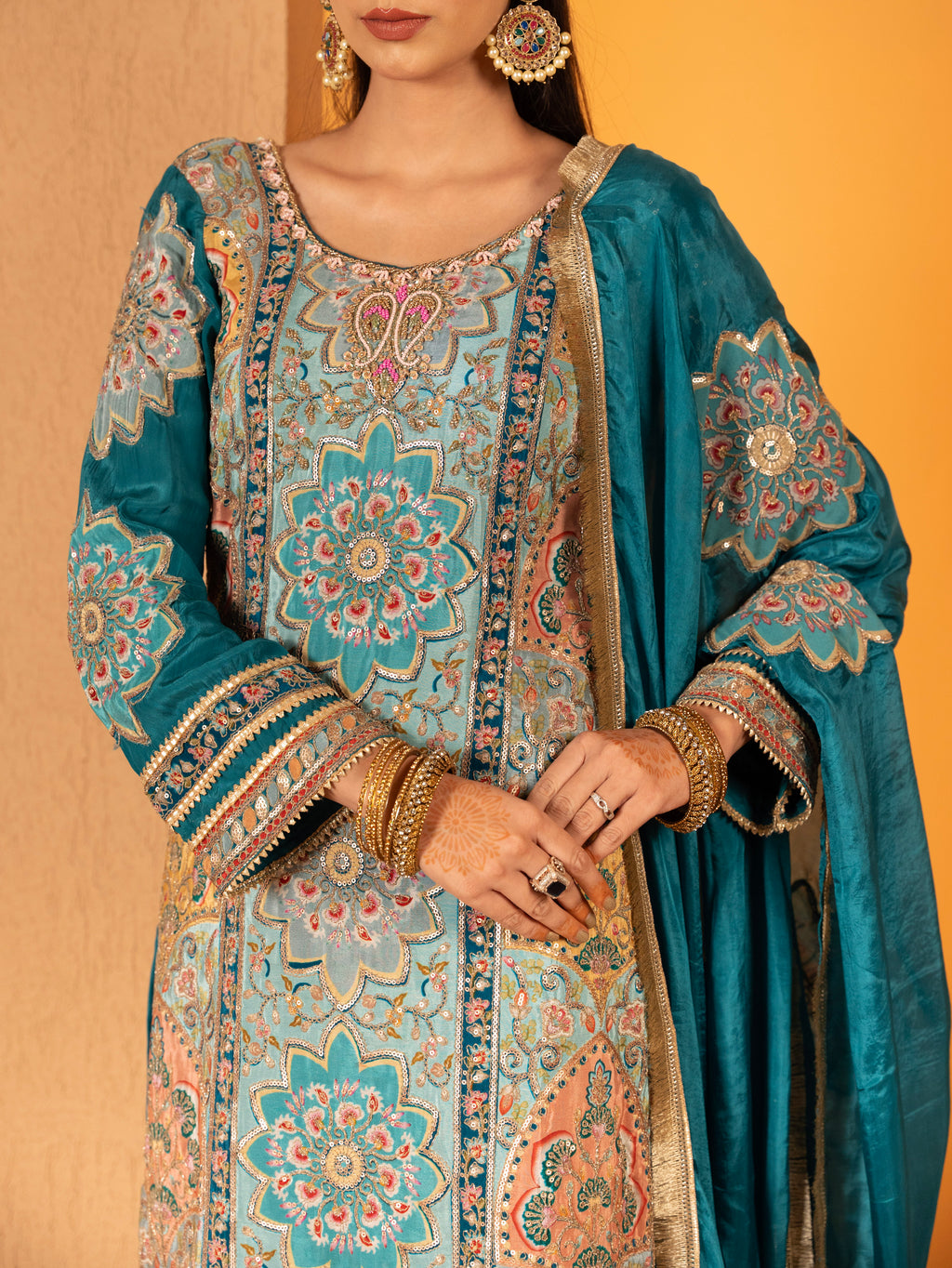 Teal-Blue Aari Work Plazo Set
