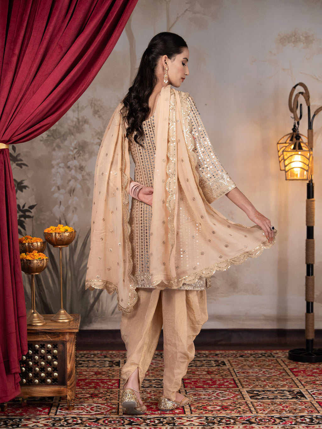 Beige Heavy Mirror work Dhoti Set