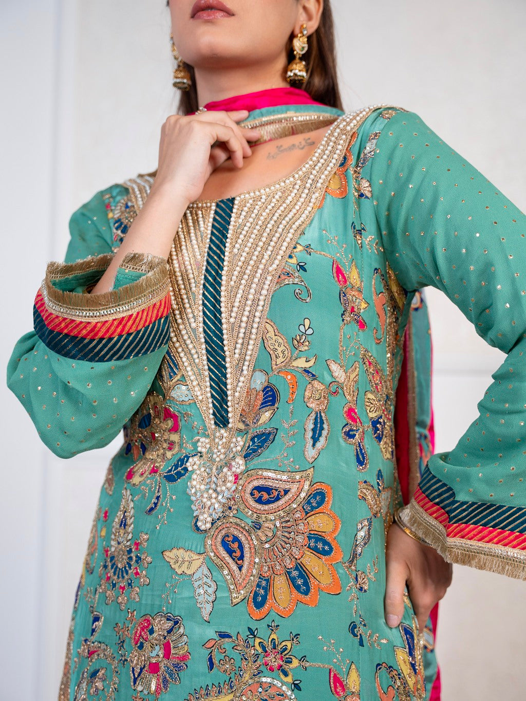 Greyish-Green Dori & Aari Work Kurta Set