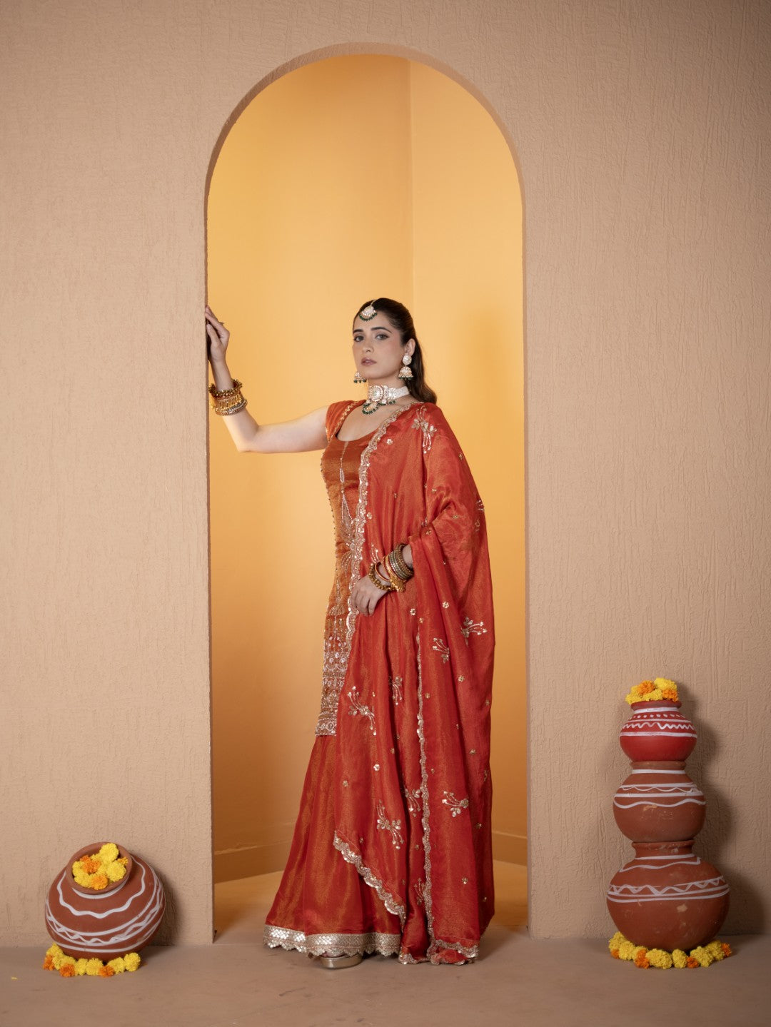 Tomato-Red Heavy Tila Work Gharara Set